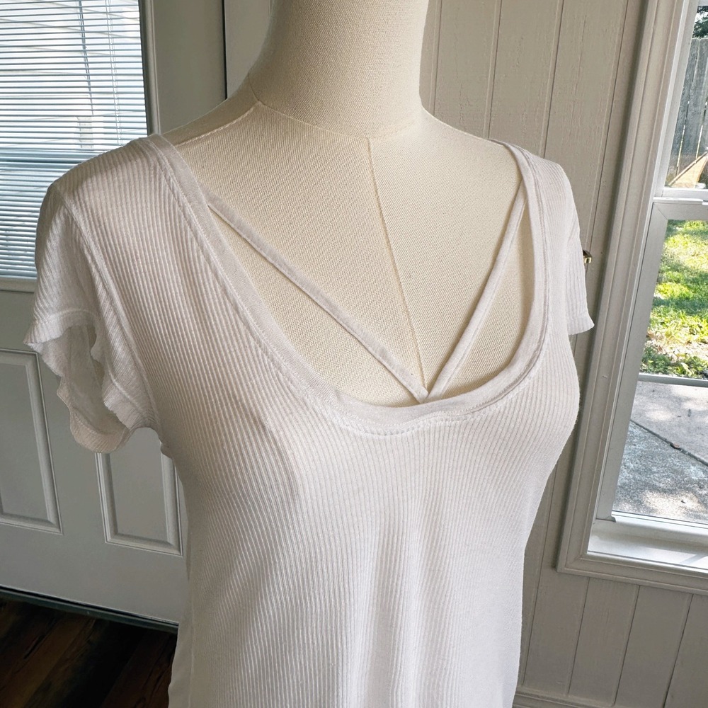 NEW Intimately Free People Women Ribbed Strappy Layer Tee S White Minimal Sheer - Picture 2 of 8